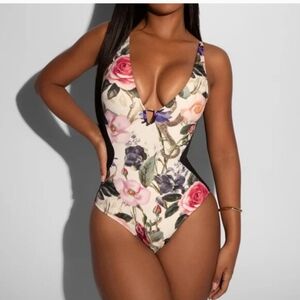 TA3 Plungey Triangle ContourRose Bloom Lace Up Shaping OnePiece Swimsuit L NEW
